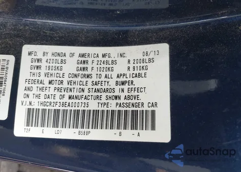 2014 Honda Accord Lx из США, поврежденный, VIN 1HGCR2F38EA000735